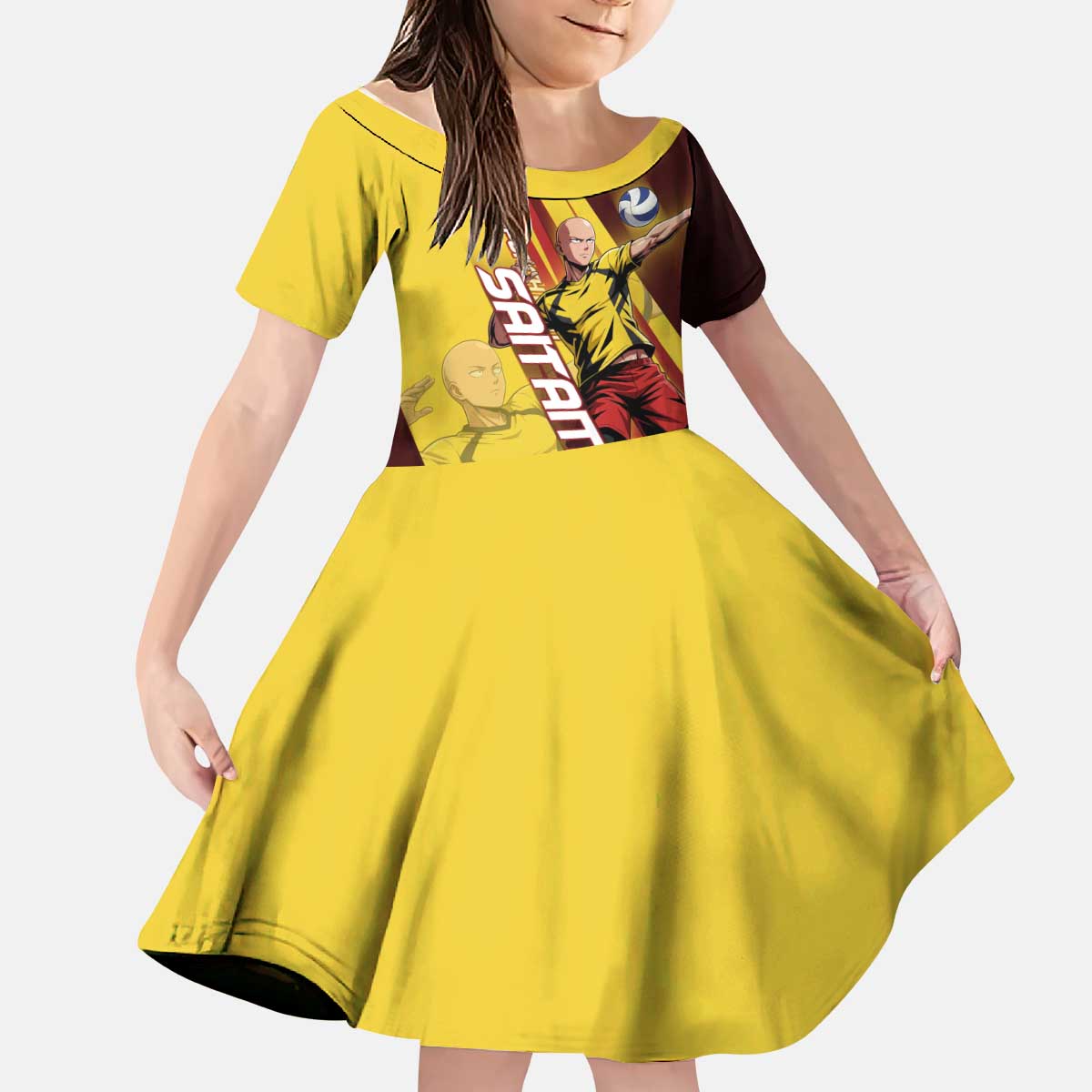 Personalized Saitama Volleyball Design Kid Short Sleeve Dress with Yellow and Red Athletic Theme and Powerful Spike Pose