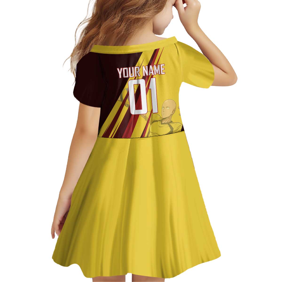 Personalized Saitama Volleyball Design Kid Short Sleeve Dress with Yellow and Red Athletic Theme and Powerful Spike Pose