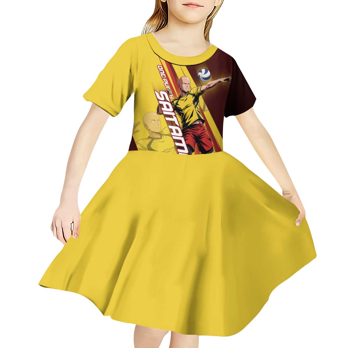 Personalized Saitama Volleyball Design Kid Short Sleeve Dress with Yellow and Red Athletic Theme and Powerful Spike Pose