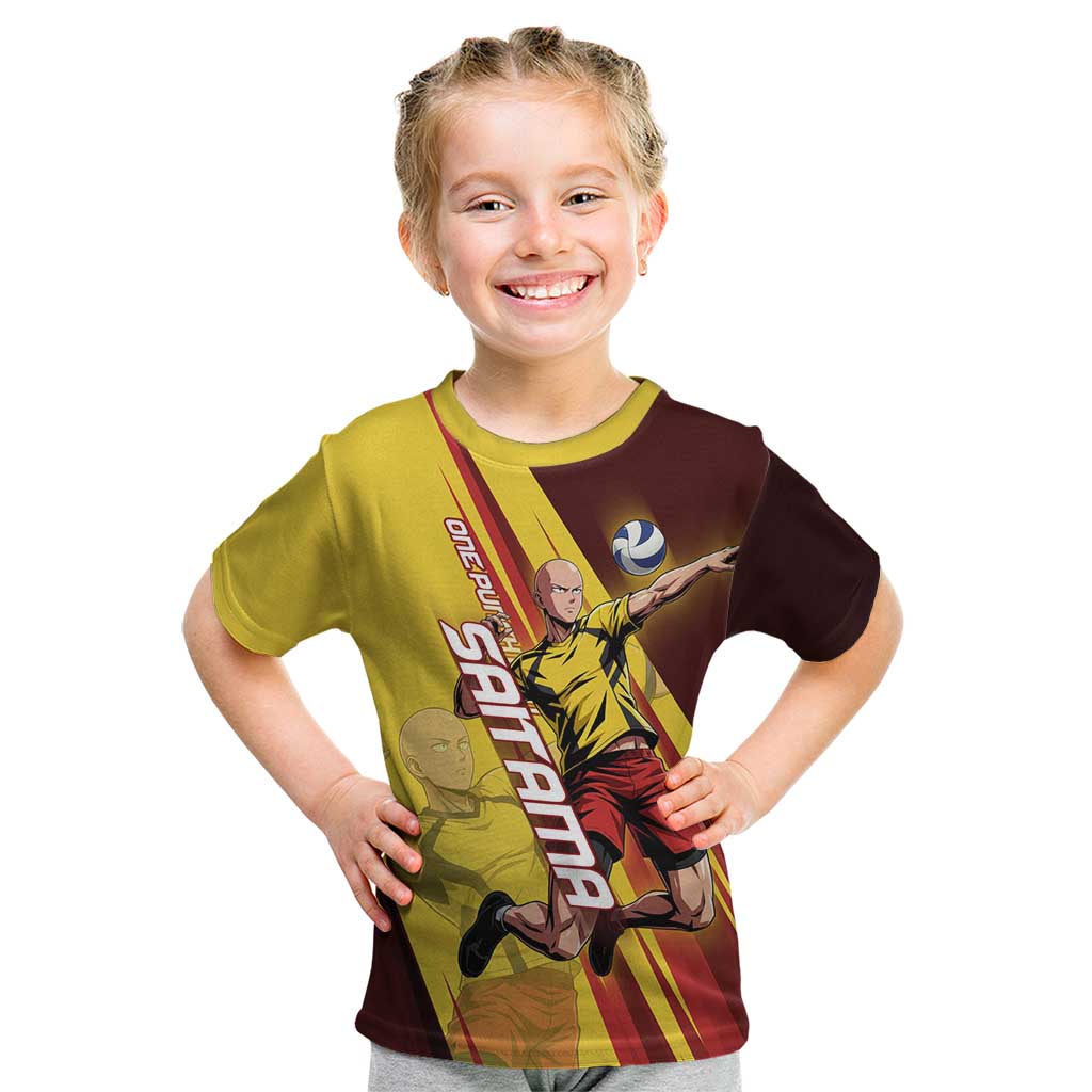 Personalized Saitama Volleyball Design Kid T Shirt with Yellow and Red Athletic Theme and Powerful Spike Pose