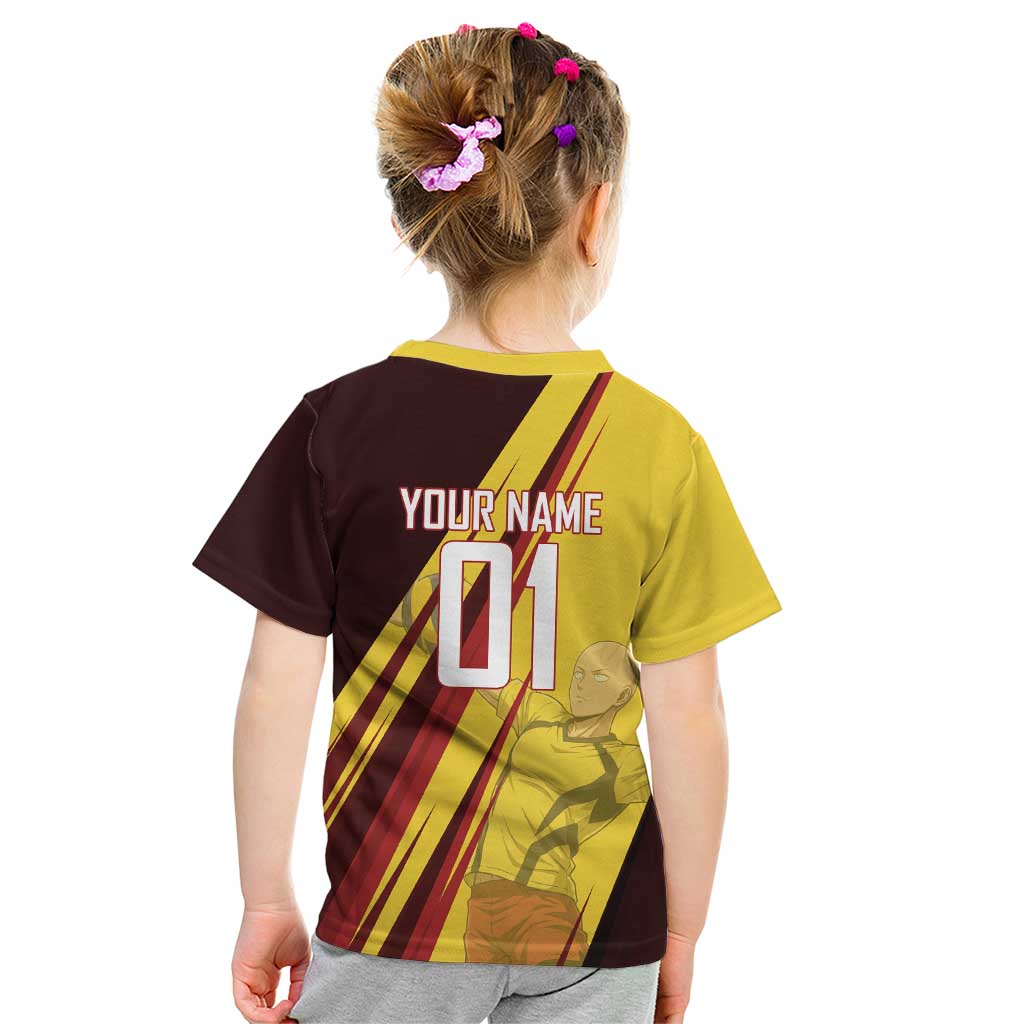 Personalized Saitama Volleyball Design Kid T Shirt with Yellow and Red Athletic Theme and Powerful Spike Pose