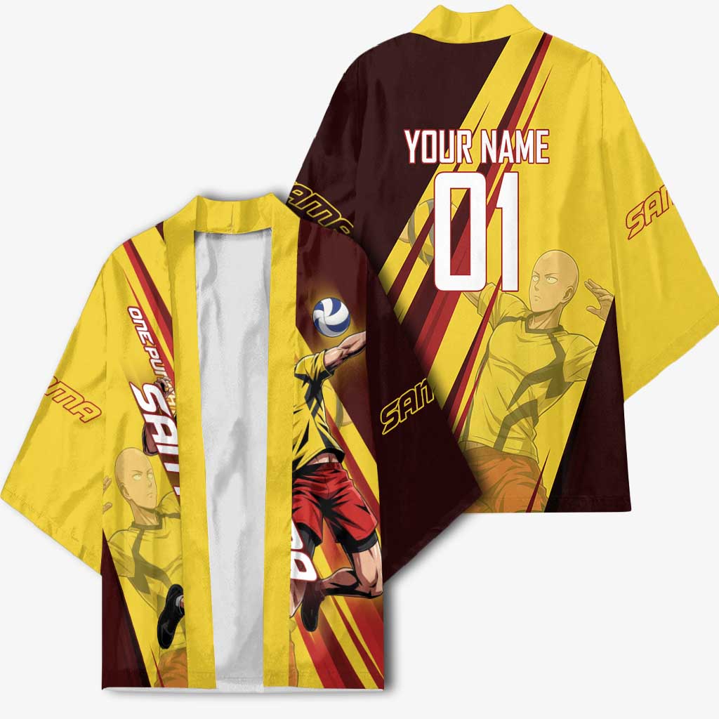 Personalized Saitama Volleyball Design Kimono with Yellow and Red Athletic Theme and Powerful Spike Pose