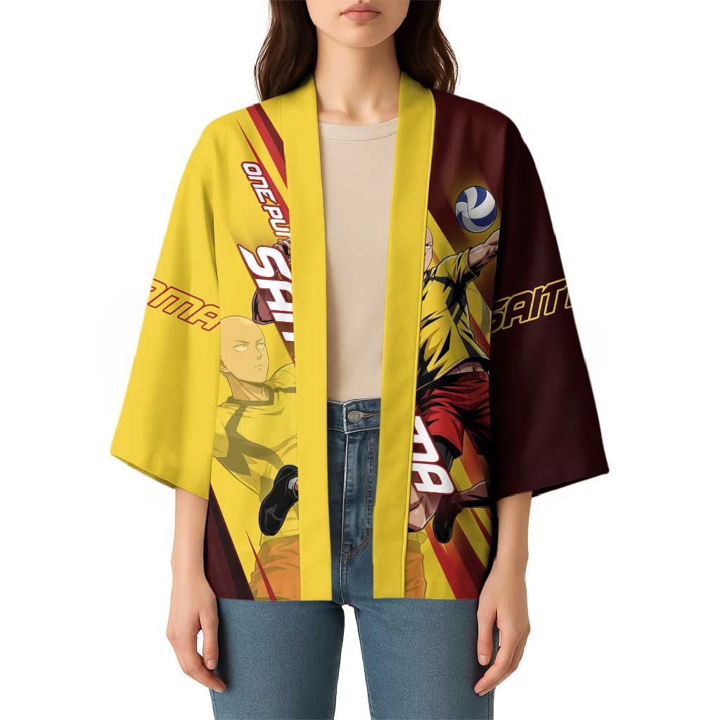 Personalized Saitama Volleyball Design Kimono with Yellow and Red Athletic Theme and Powerful Spike Pose