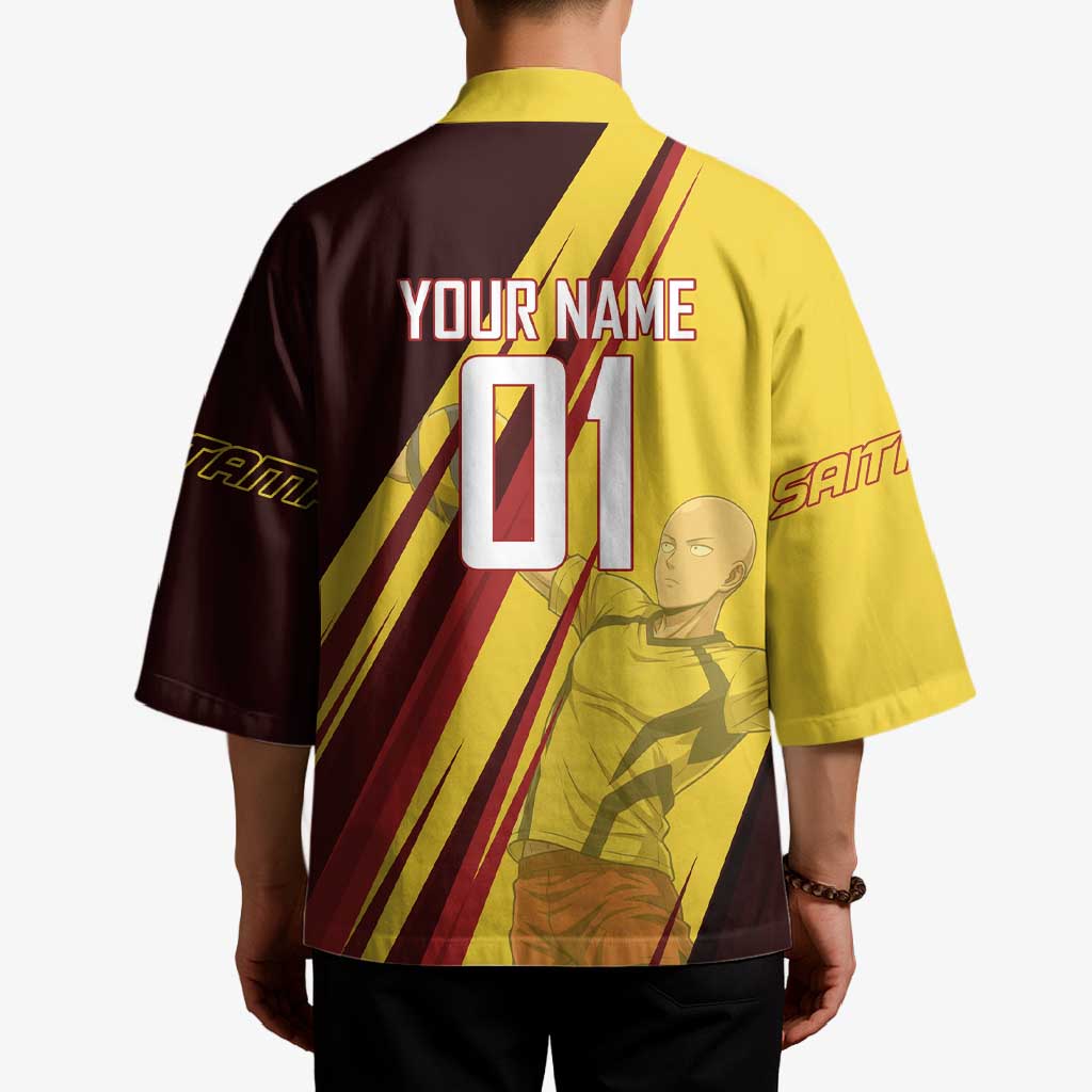 Personalized Saitama Volleyball Design Kimono with Yellow and Red Athletic Theme and Powerful Spike Pose