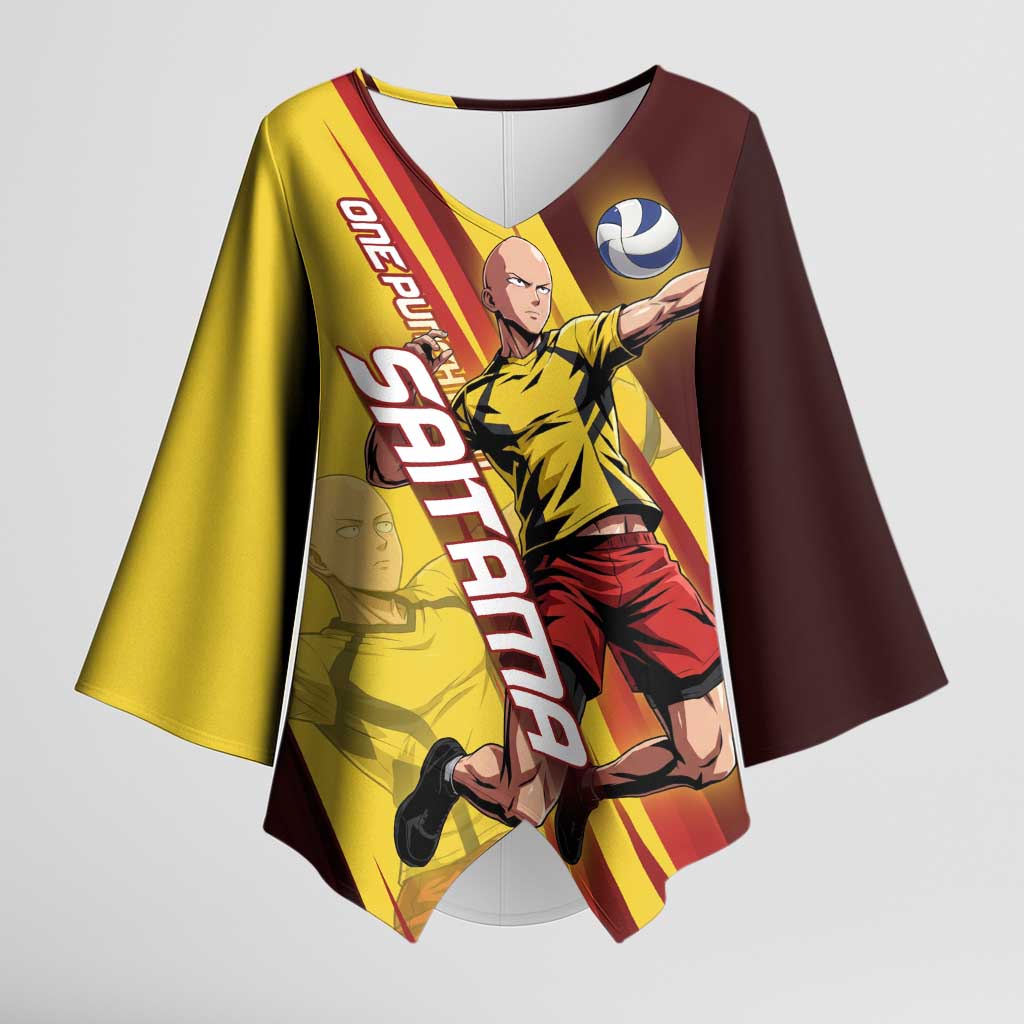 Personalized Saitama Volleyball Design Kimono Sleeve Blouse with Yellow and Red Athletic Theme and Powerful Spike Pose