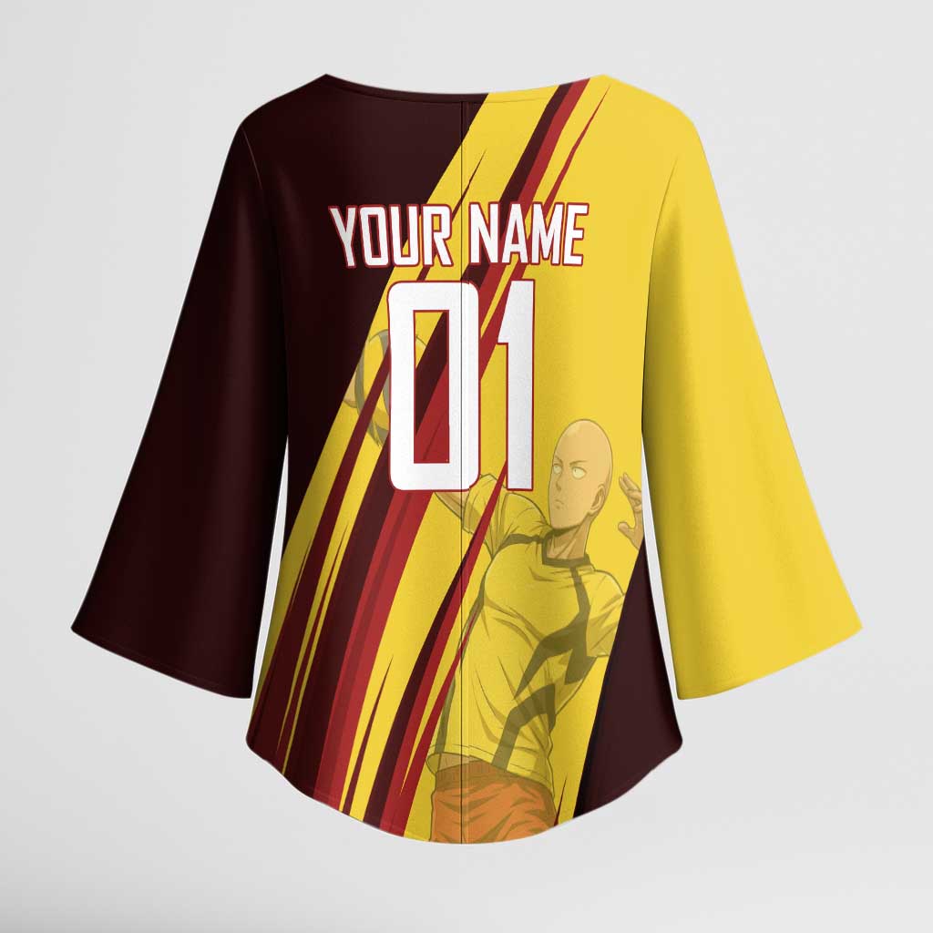 Personalized Saitama Volleyball Design Kimono Sleeve Blouse with Yellow and Red Athletic Theme and Powerful Spike Pose