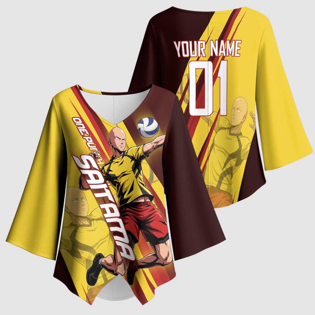Personalized Saitama Volleyball Design Kimono Sleeve Blouse with Yellow and Red Athletic Theme and Powerful Spike Pose
