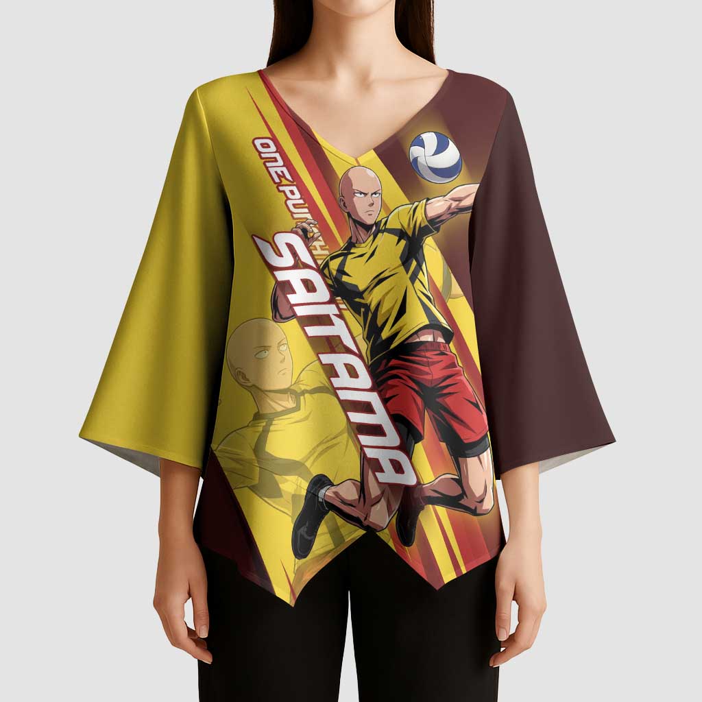 Personalized Saitama Volleyball Design Kimono Sleeve Blouse with Yellow and Red Athletic Theme and Powerful Spike Pose