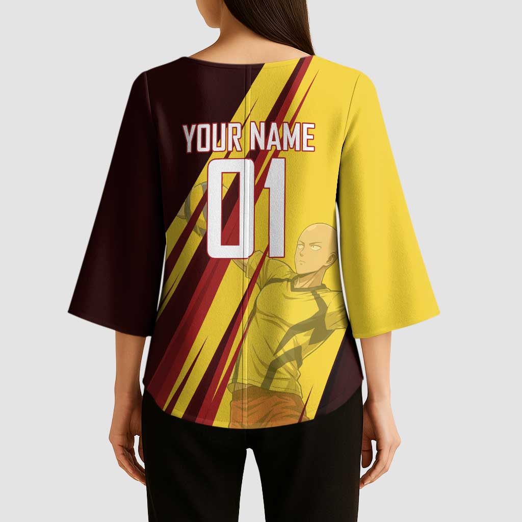 Personalized Saitama Volleyball Design Kimono Sleeve Blouse with Yellow and Red Athletic Theme and Powerful Spike Pose