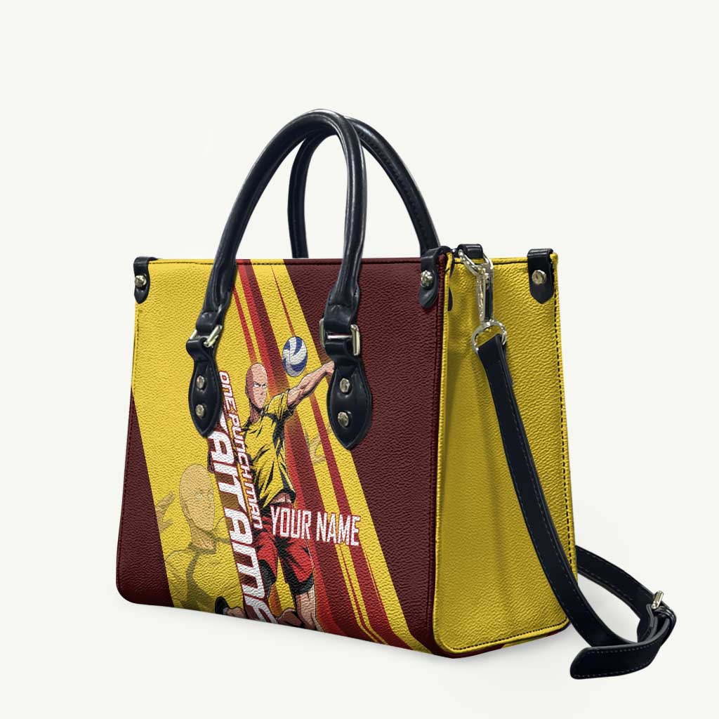 Personalized Saitama Volleyball Design Leather Bag with Yellow and Red Athletic Theme and Powerful Spike Pose