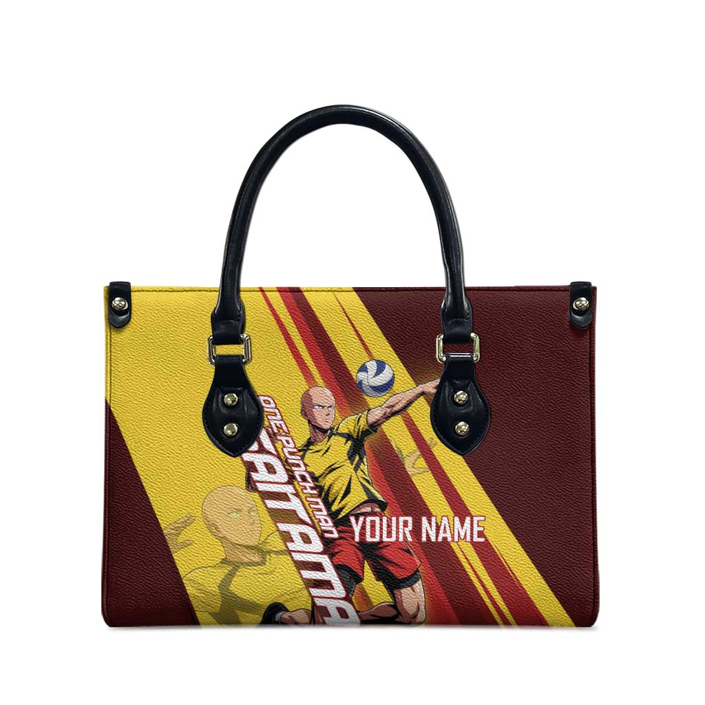 Personalized Saitama Volleyball Design Leather Bag with Yellow and Red Athletic Theme and Powerful Spike Pose