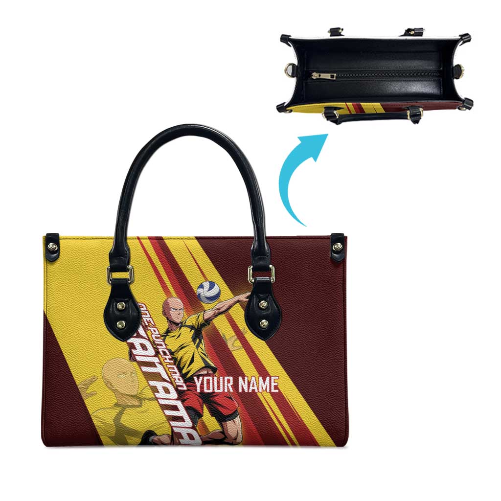 Personalized Saitama Volleyball Design Leather Bag with Yellow and Red Athletic Theme and Powerful Spike Pose