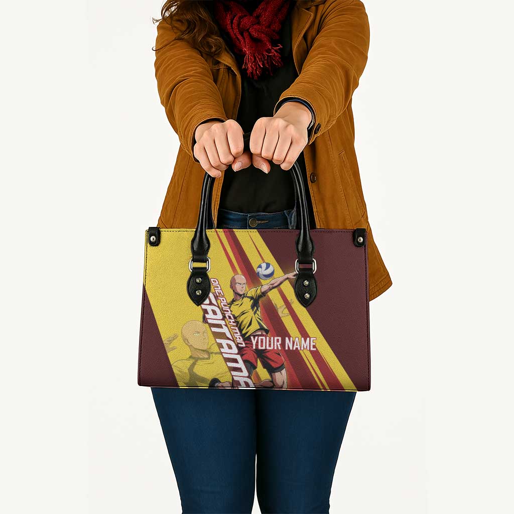 Personalized Saitama Volleyball Design Leather Bag with Yellow and Red Athletic Theme and Powerful Spike Pose