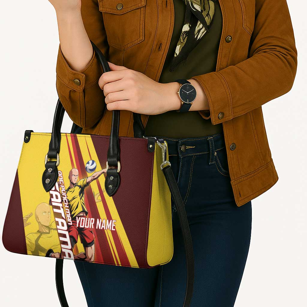 Personalized Saitama Volleyball Design Leather Bag with Yellow and Red Athletic Theme and Powerful Spike Pose