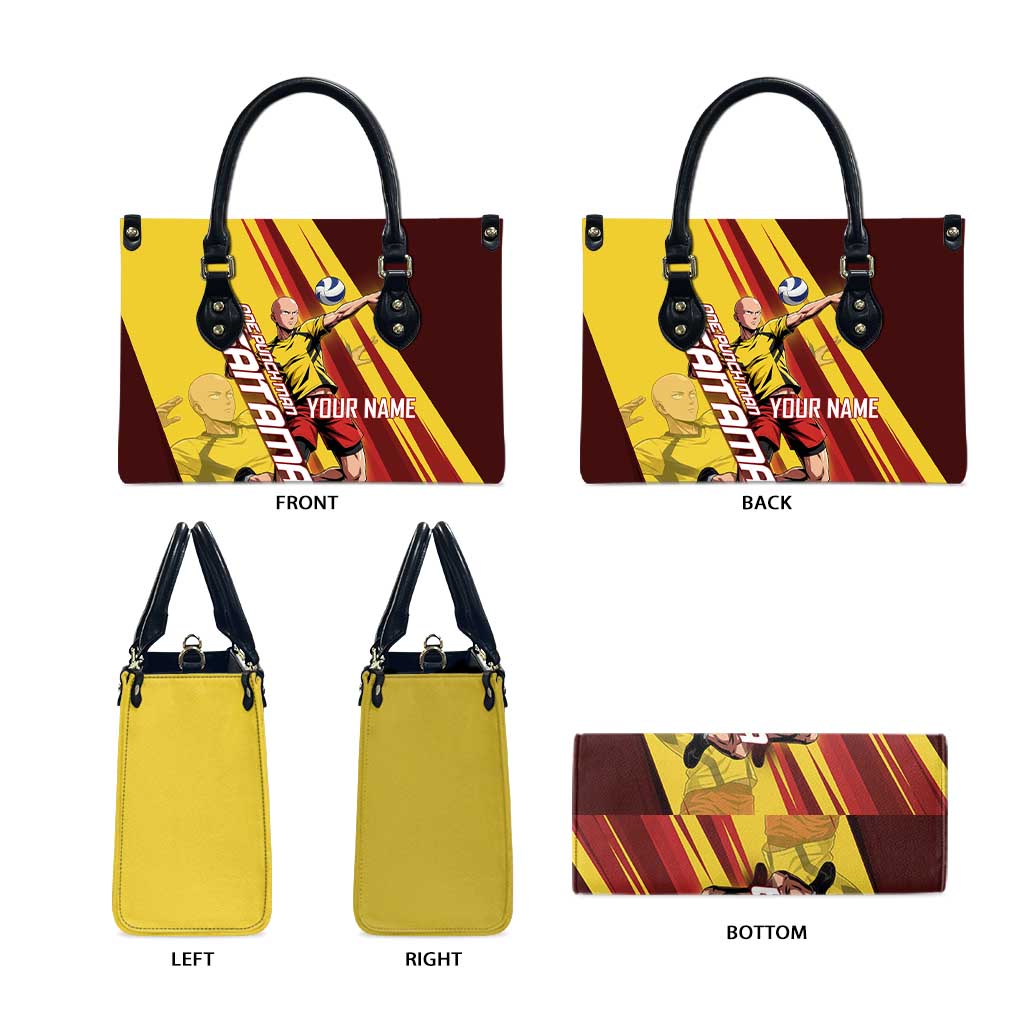 Personalized Saitama Volleyball Design Leather Bag with Yellow and Red Athletic Theme and Powerful Spike Pose