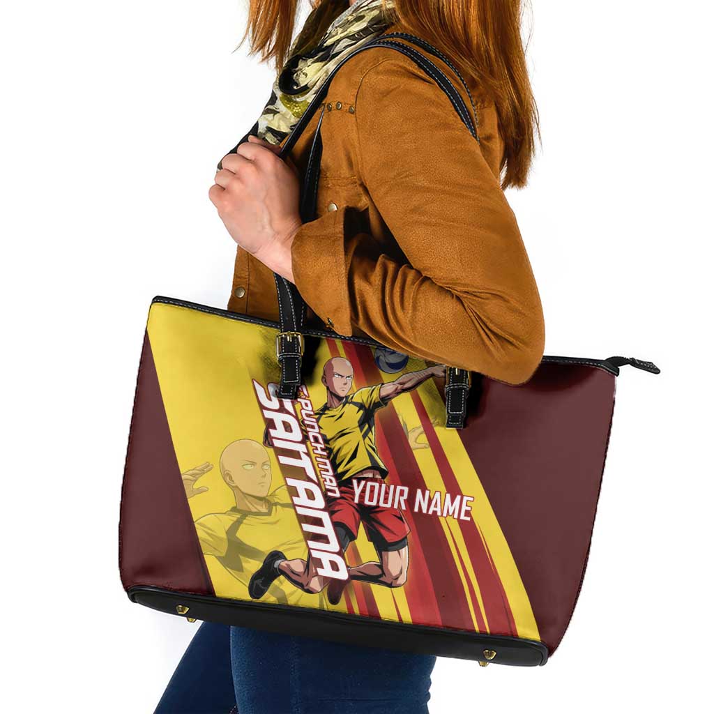Personalized Saitama Volleyball Design Leather Tote Bag with Yellow and Red Athletic Theme and Powerful Spike Pose
