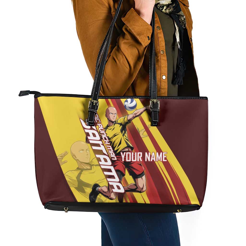 Personalized Saitama Volleyball Design Leather Tote Bag with Yellow and Red Athletic Theme and Powerful Spike Pose