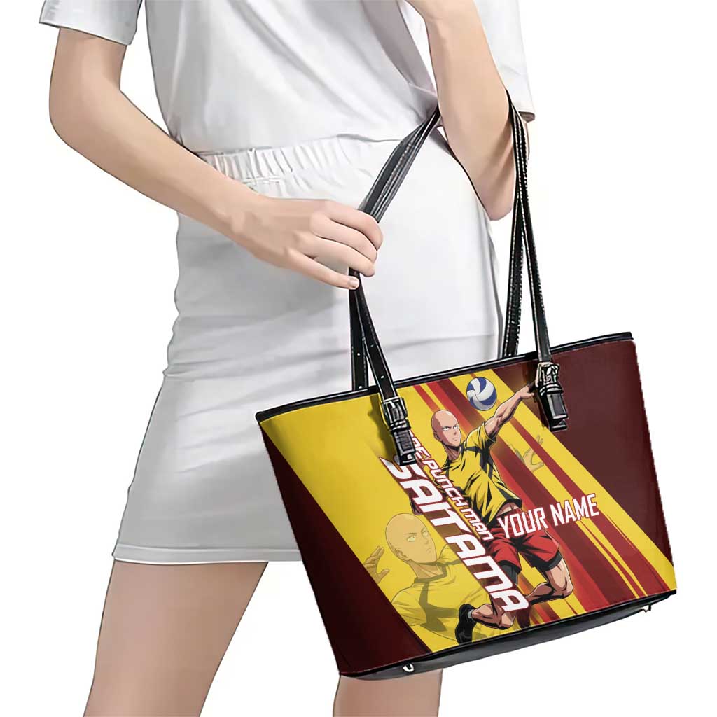 Personalized Saitama Volleyball Design Leather Tote Bag with Yellow and Red Athletic Theme and Powerful Spike Pose