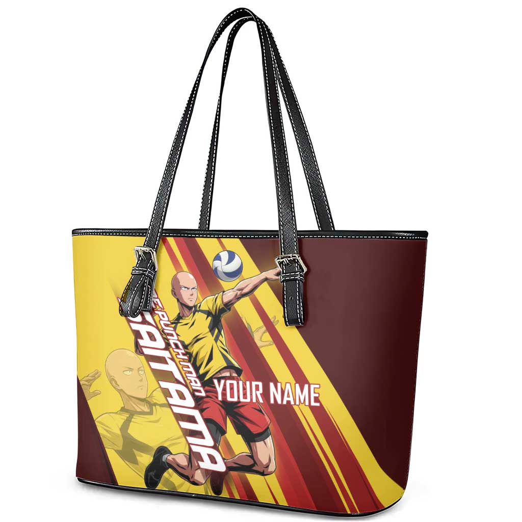 Personalized Saitama Volleyball Design Leather Tote Bag with Yellow and Red Athletic Theme and Powerful Spike Pose