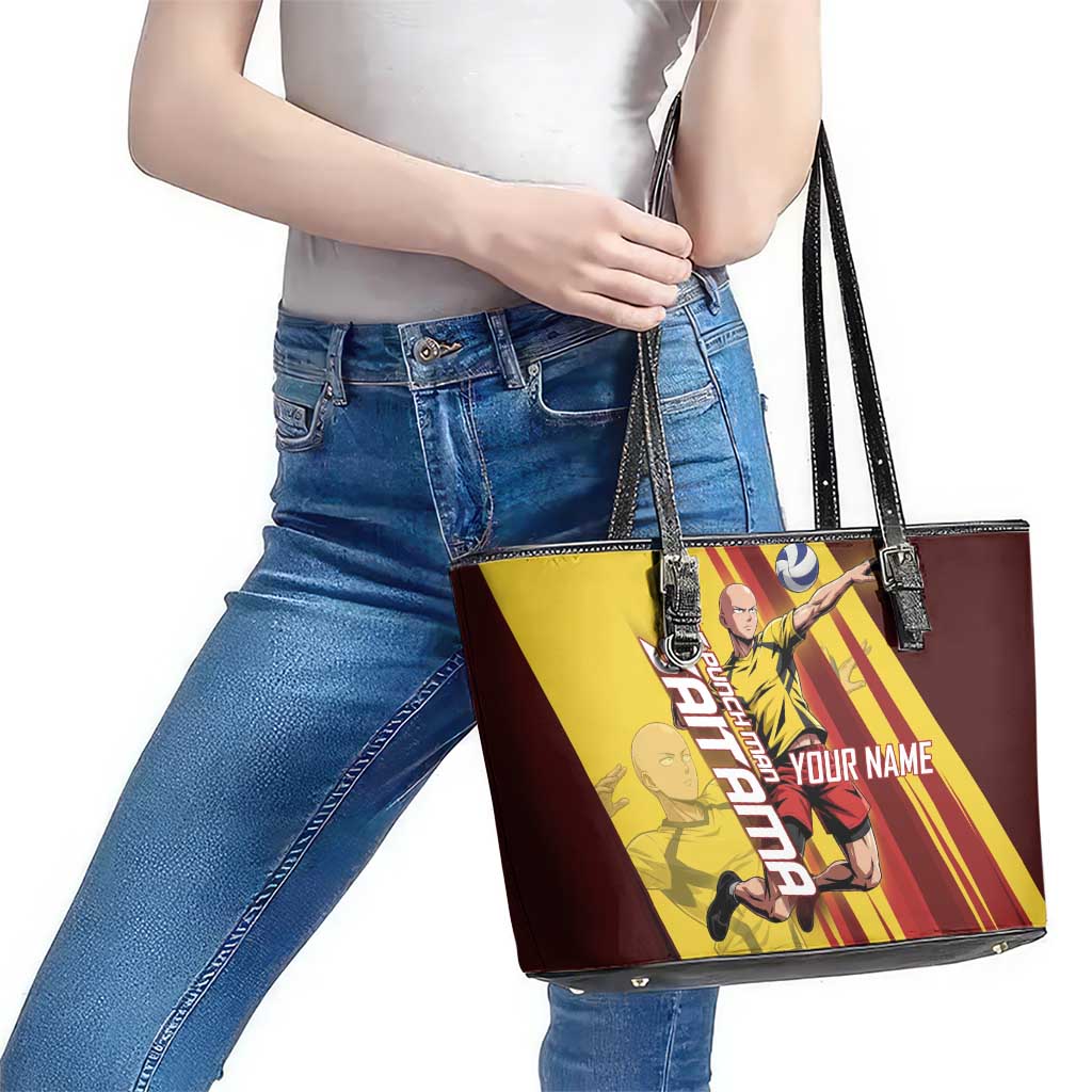 Personalized Saitama Volleyball Design Leather Tote Bag with Yellow and Red Athletic Theme and Powerful Spike Pose
