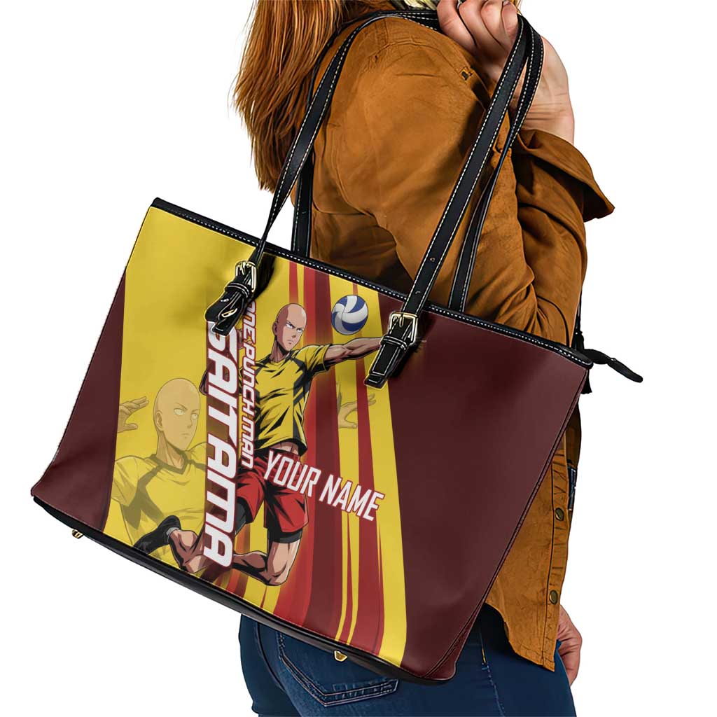 Personalized Saitama Volleyball Design Leather Tote Bag with Yellow and Red Athletic Theme and Powerful Spike Pose