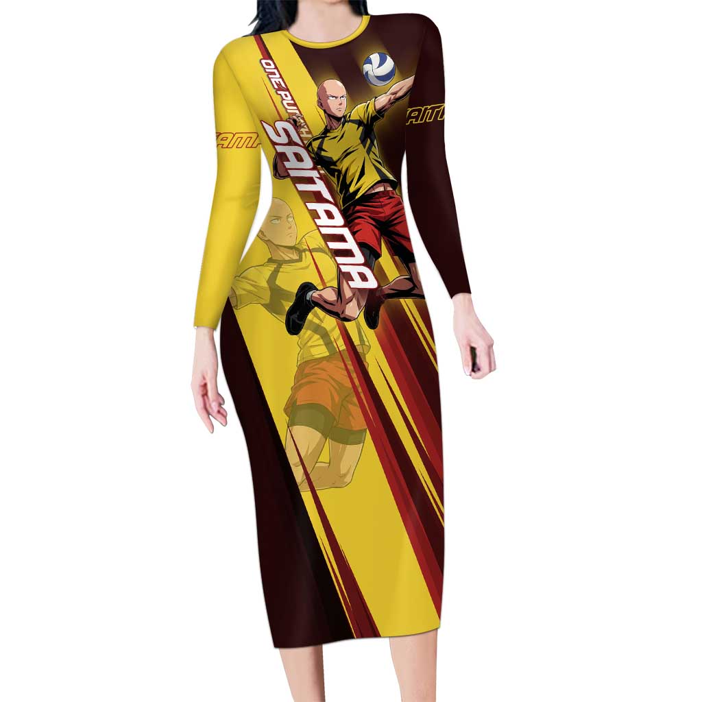Personalized Saitama Volleyball Design Long Sleeve Bodycon Dress with Yellow and Red Athletic Theme and Powerful Spike Pose