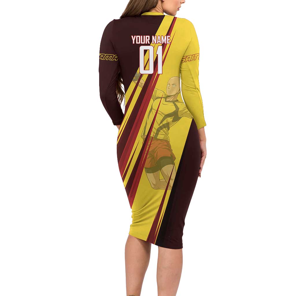 Personalized Saitama Volleyball Design Long Sleeve Bodycon Dress with Yellow and Red Athletic Theme and Powerful Spike Pose