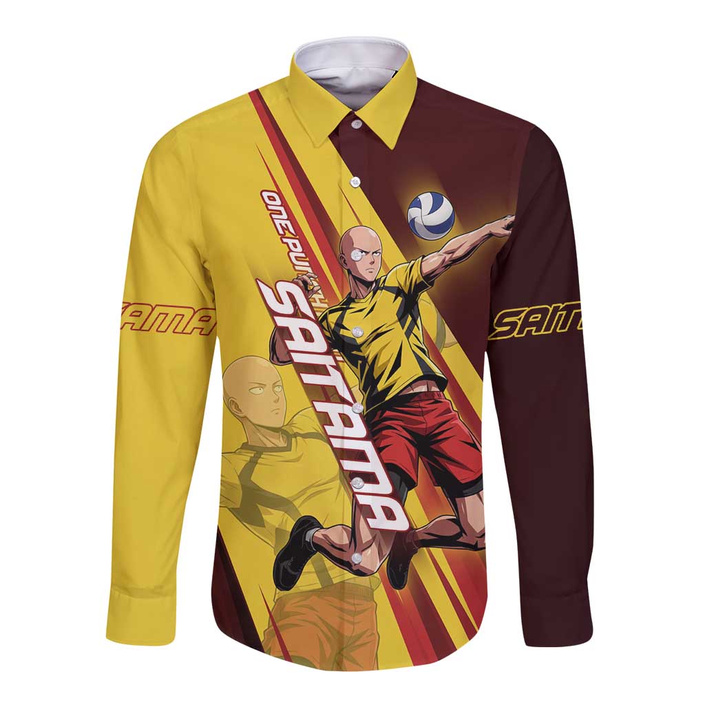 Personalized Saitama Volleyball Design Long Sleeve Button Shirt with Yellow and Red Athletic Theme and Powerful Spike Pose