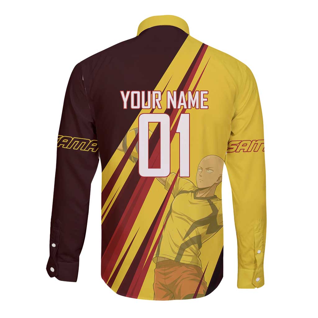Personalized Saitama Volleyball Design Long Sleeve Button Shirt with Yellow and Red Athletic Theme and Powerful Spike Pose