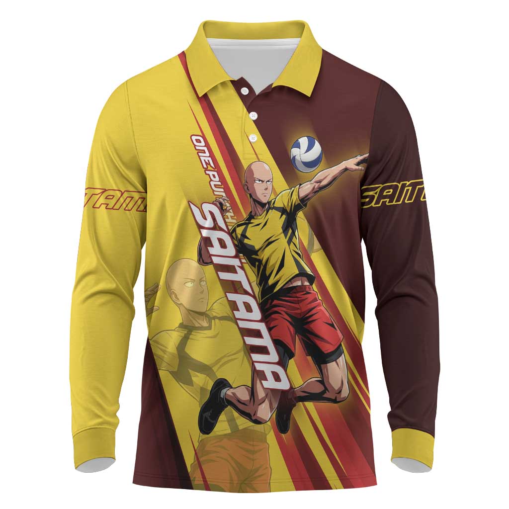 Personalized Saitama Volleyball Design Long Sleeve Polo Shirt with Yellow and Red Athletic Theme and Powerful Spike Pose