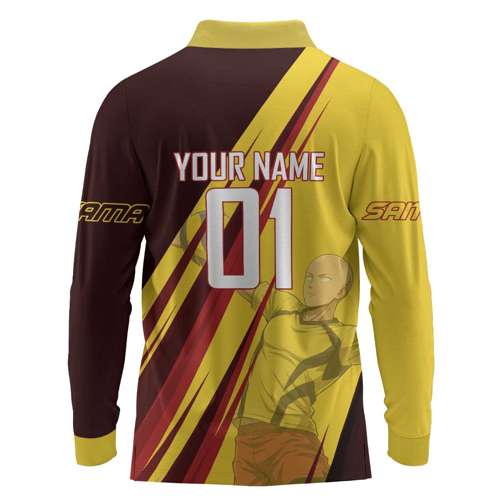 Personalized Saitama Volleyball Design Long Sleeve Polo Shirt with Yellow and Red Athletic Theme and Powerful Spike Pose