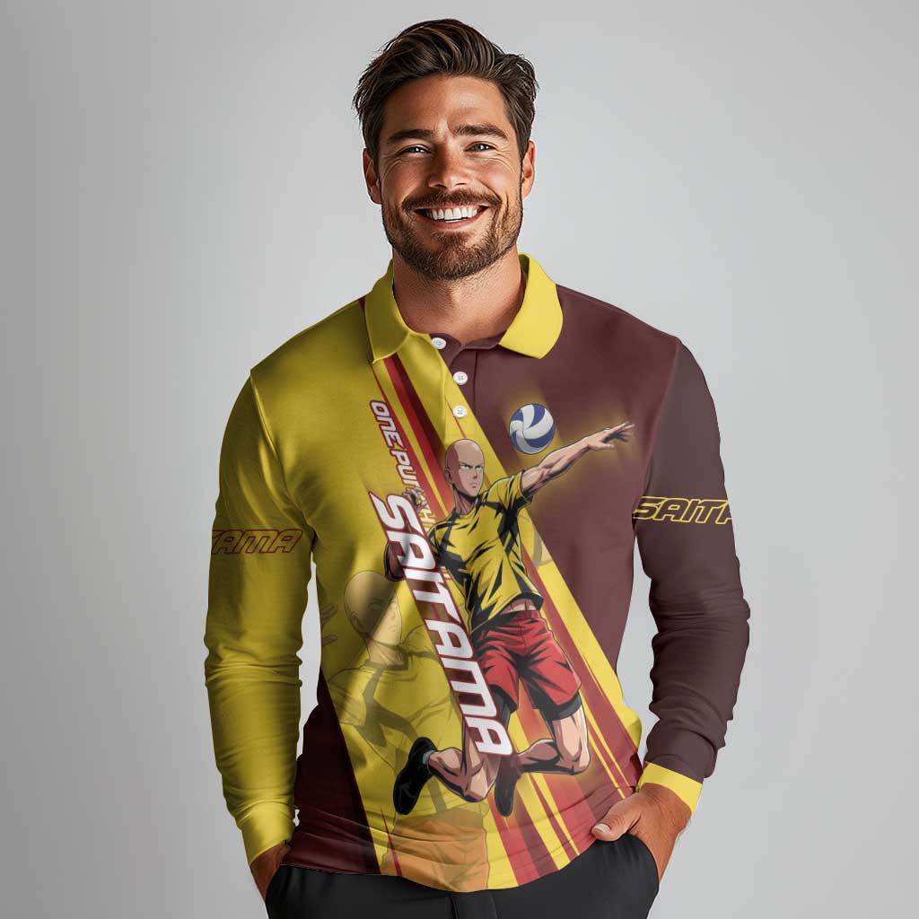 Personalized Saitama Volleyball Design Long Sleeve Polo Shirt with Yellow and Red Athletic Theme and Powerful Spike Pose