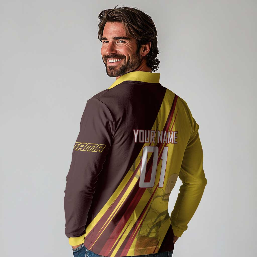 Personalized Saitama Volleyball Design Long Sleeve Polo Shirt with Yellow and Red Athletic Theme and Powerful Spike Pose