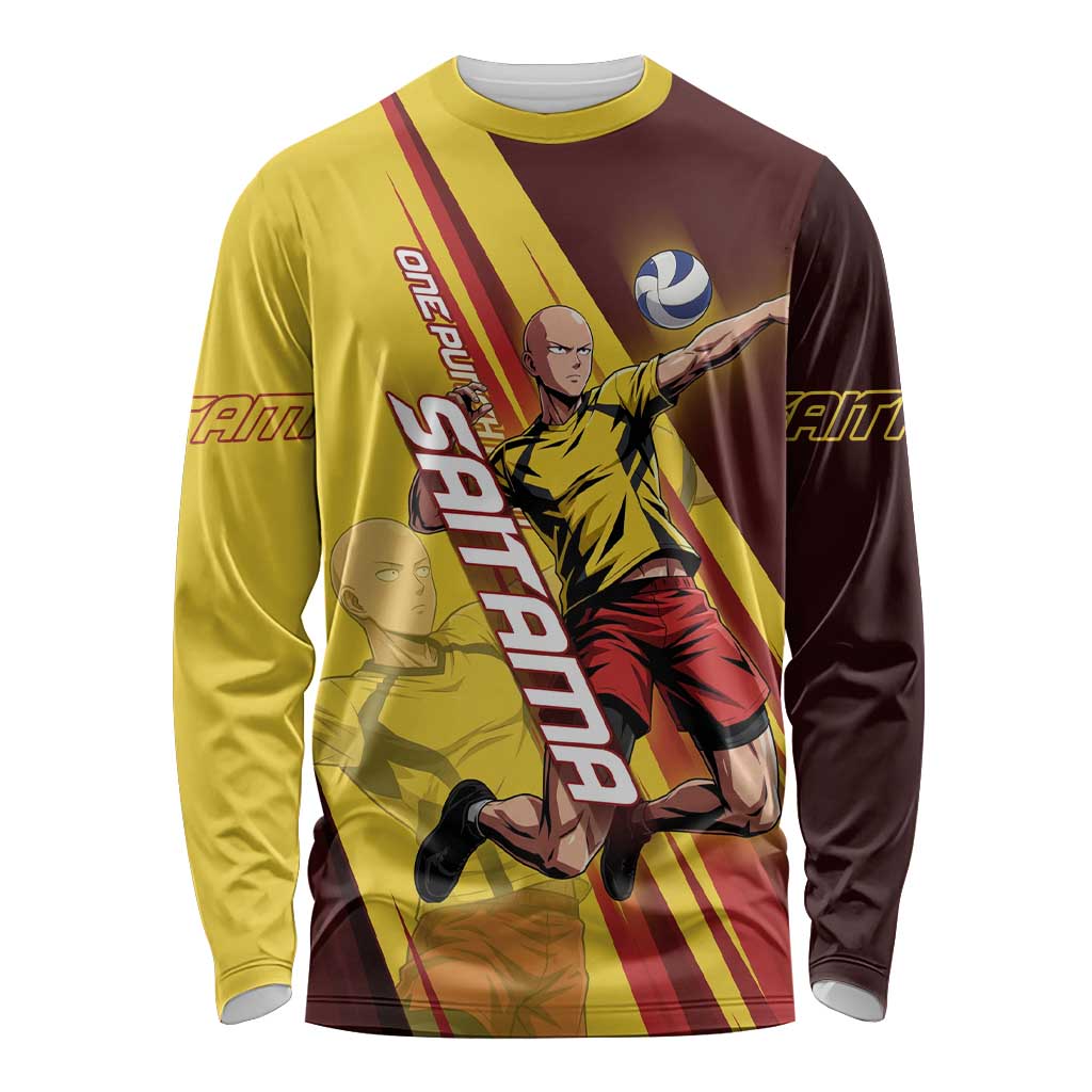Personalized Saitama Volleyball Design Long Sleeve Shirt with Yellow and Red Athletic Theme and Powerful Spike Pose