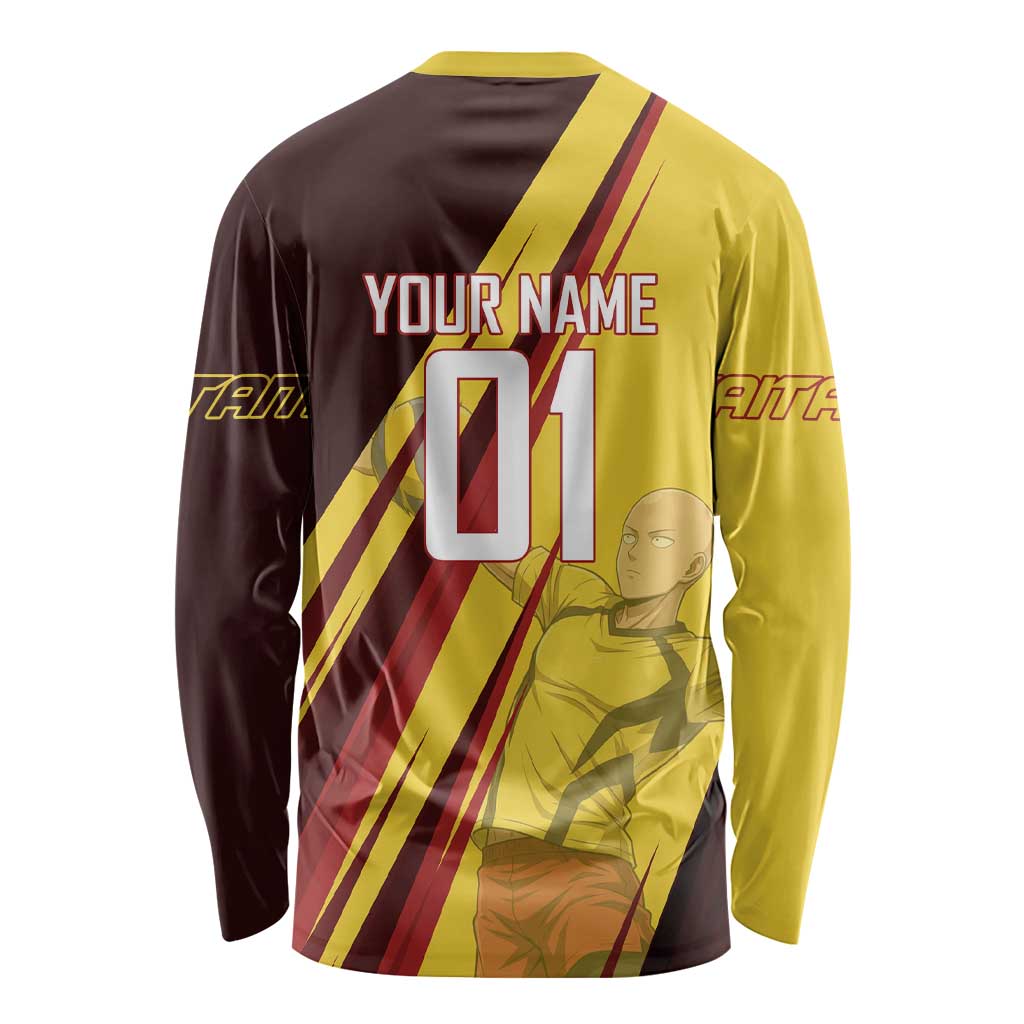 Personalized Saitama Volleyball Design Long Sleeve Shirt with Yellow and Red Athletic Theme and Powerful Spike Pose