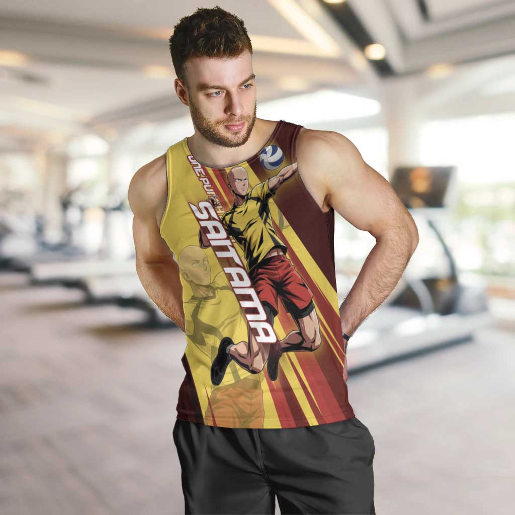 Personalized Saitama Volleyball Design Men Tank Top with Yellow and Red Athletic Theme and Powerful Spike Pose