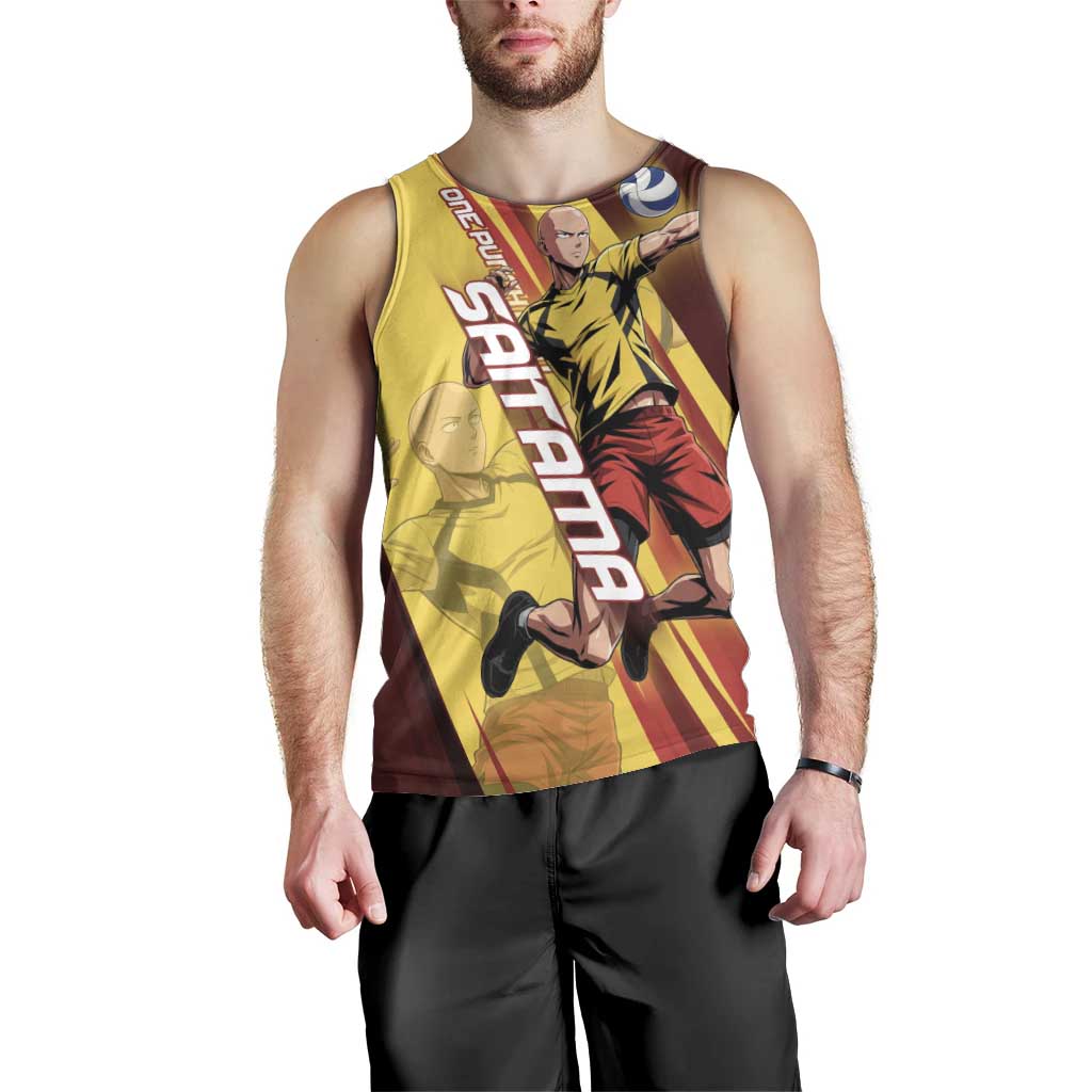 Personalized Saitama Volleyball Design Men Tank Top with Yellow and Red Athletic Theme and Powerful Spike Pose