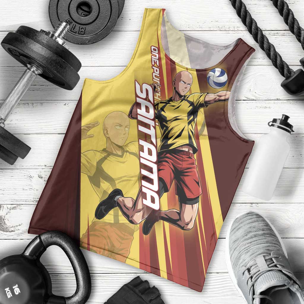 Personalized Saitama Volleyball Design Men Tank Top with Yellow and Red Athletic Theme and Powerful Spike Pose