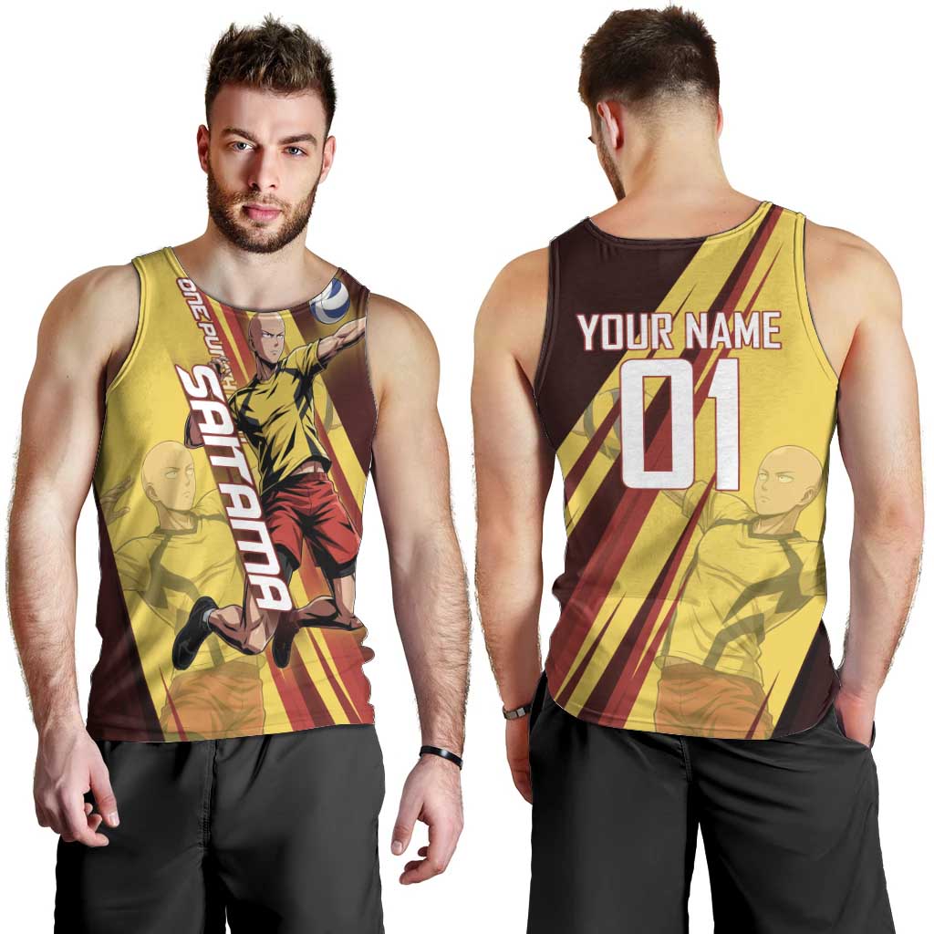 Personalized Saitama Volleyball Design Men Tank Top with Yellow and Red Athletic Theme and Powerful Spike Pose
