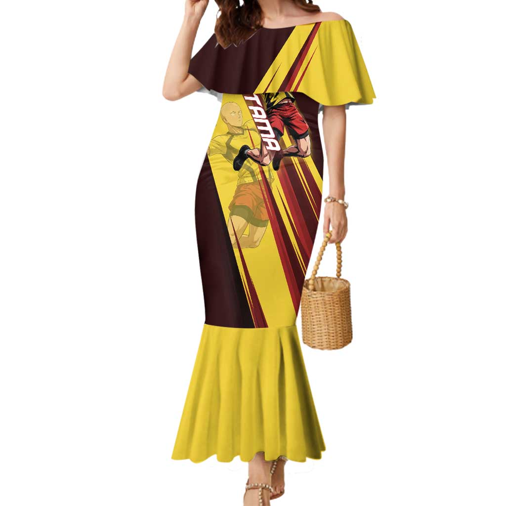 Personalized Saitama Volleyball Design Mermaid Dress with Yellow and Red Athletic Theme and Powerful Spike Pose
