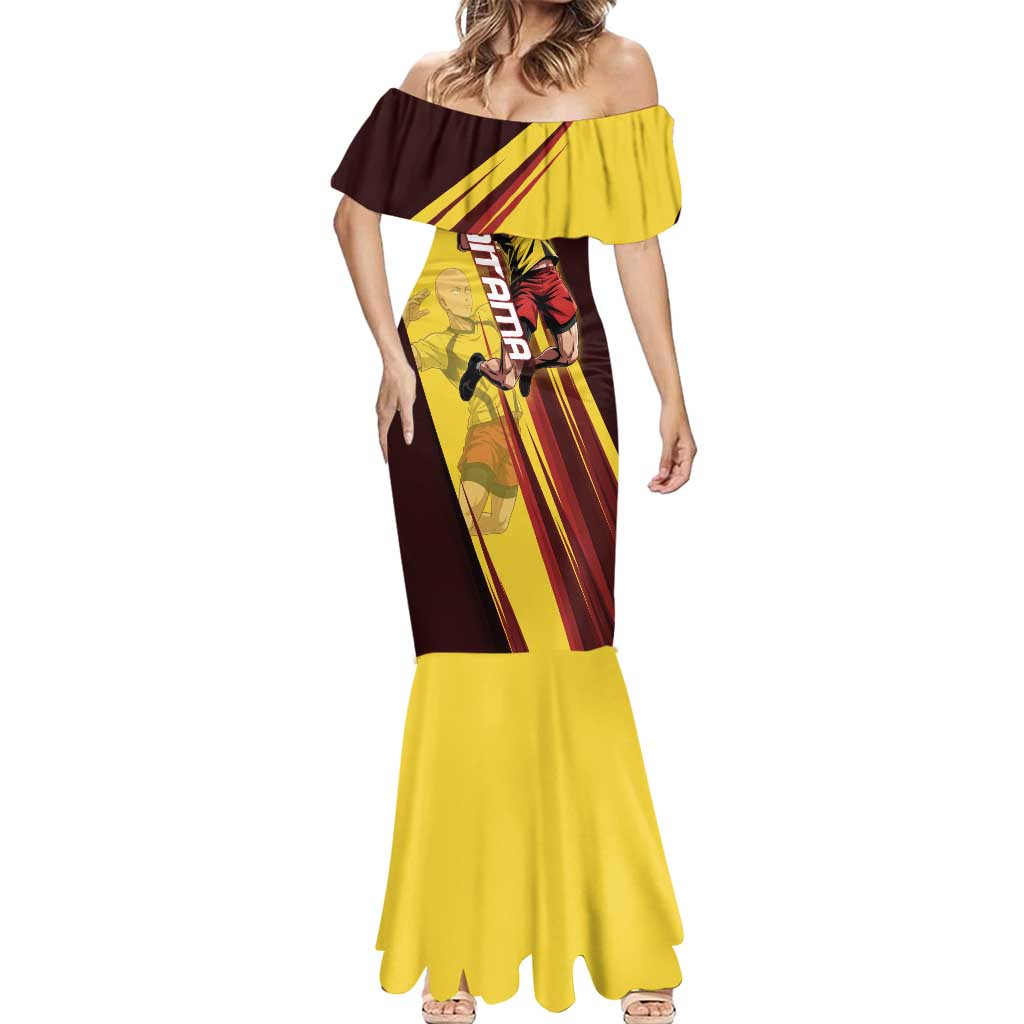 Personalized Saitama Volleyball Design Mermaid Dress with Yellow and Red Athletic Theme and Powerful Spike Pose