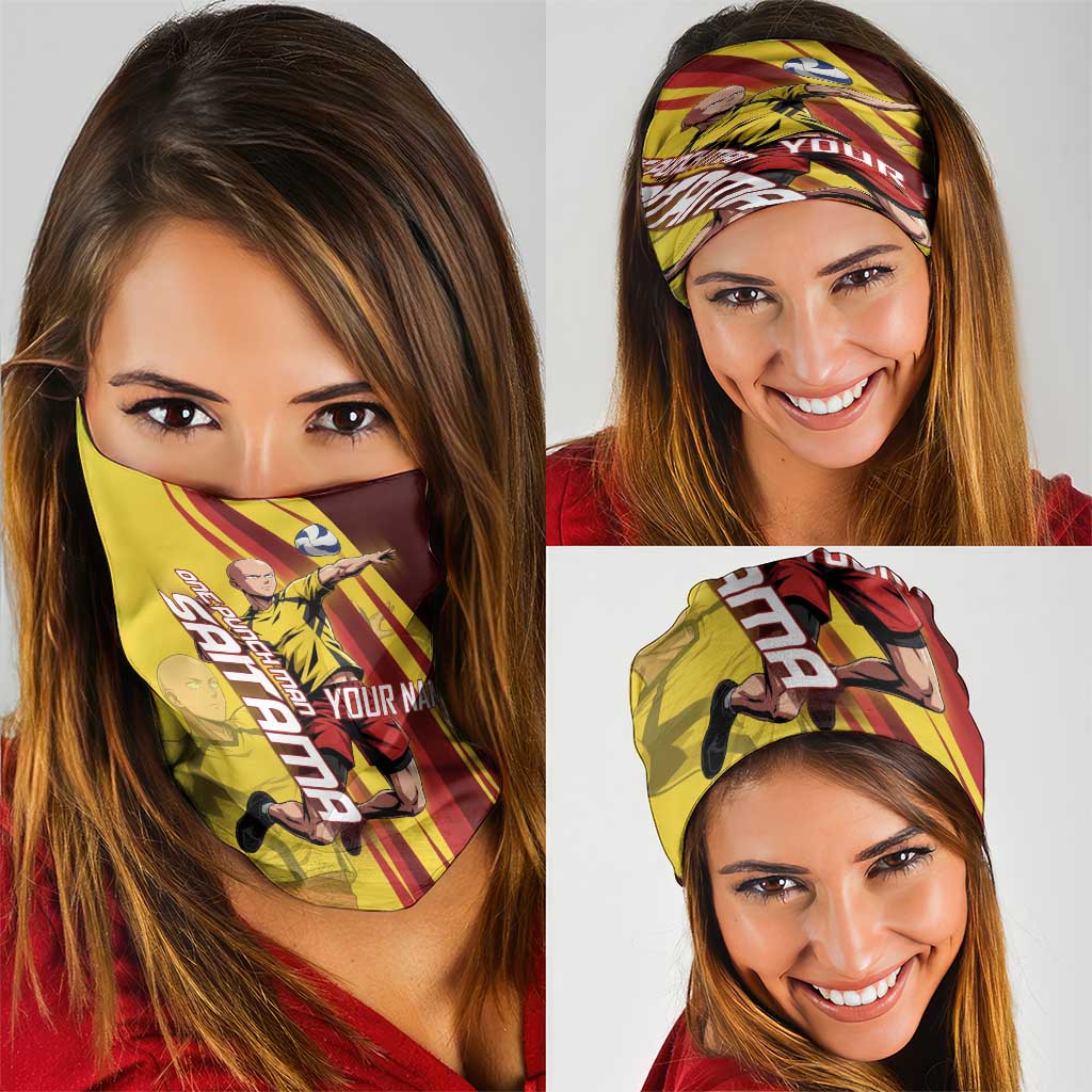 Personalized Saitama Volleyball Design Neck Gaiter with Yellow and Red Athletic Theme and Powerful Spike Pose