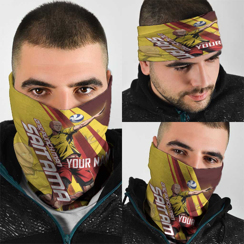 Personalized Saitama Volleyball Design Neck Gaiter with Yellow and Red Athletic Theme and Powerful Spike Pose