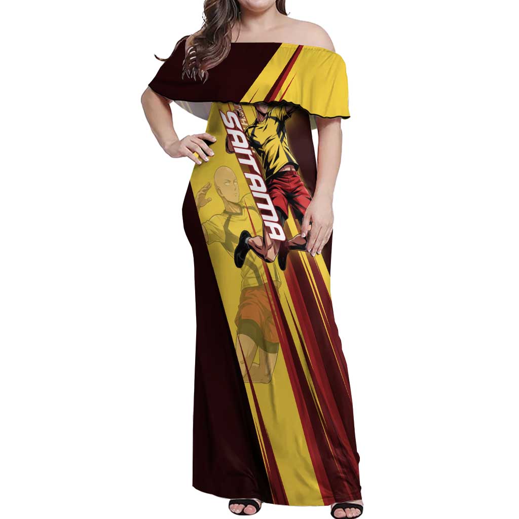 Personalized Saitama Volleyball Design Off Shoulder Maxi Dress with Yellow and Red Athletic Theme and Powerful Spike Pose