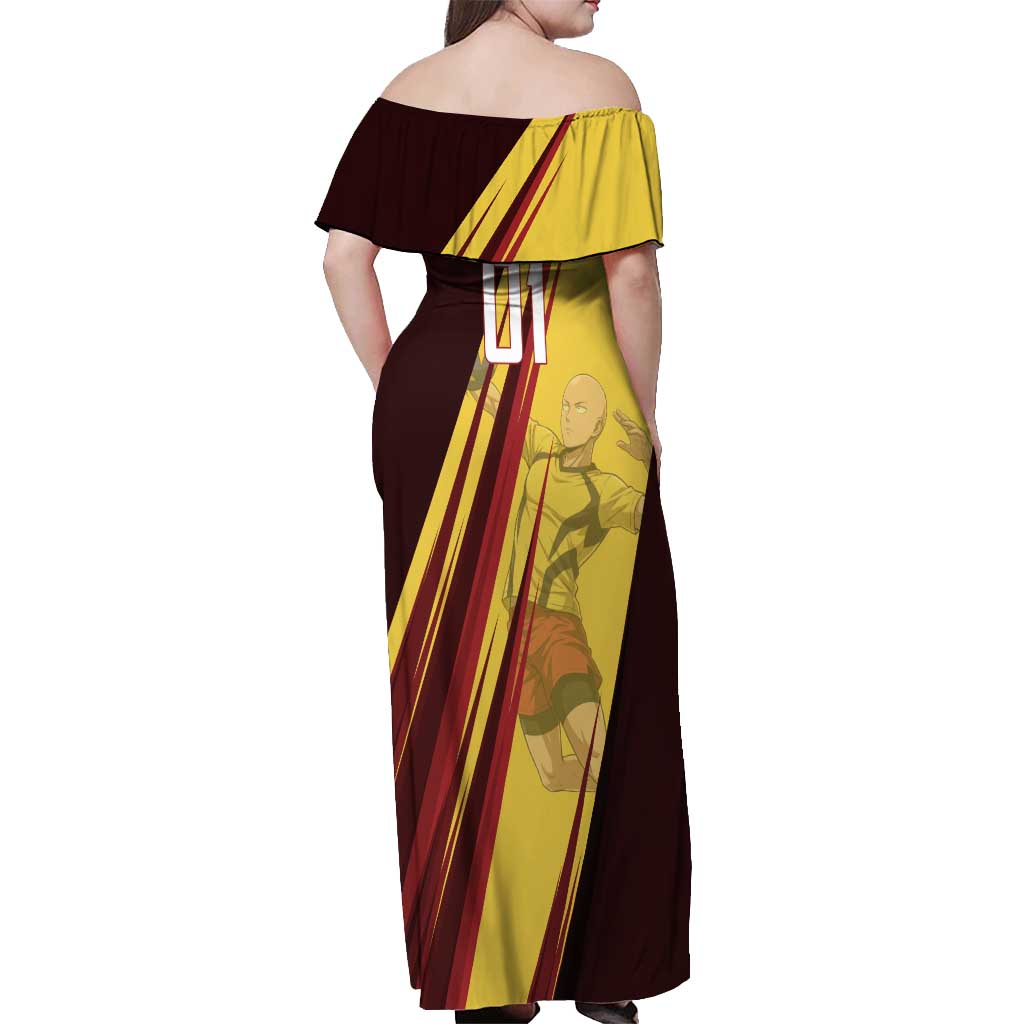Personalized Saitama Volleyball Design Off Shoulder Maxi Dress with Yellow and Red Athletic Theme and Powerful Spike Pose