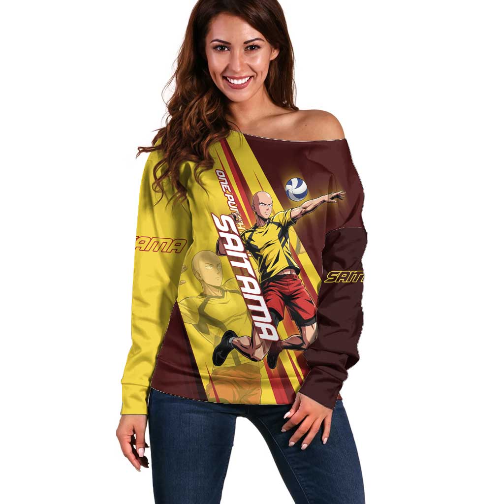Personalized Saitama Volleyball Design Off Shoulder Sweater with Yellow and Red Athletic Theme and Powerful Spike Pose