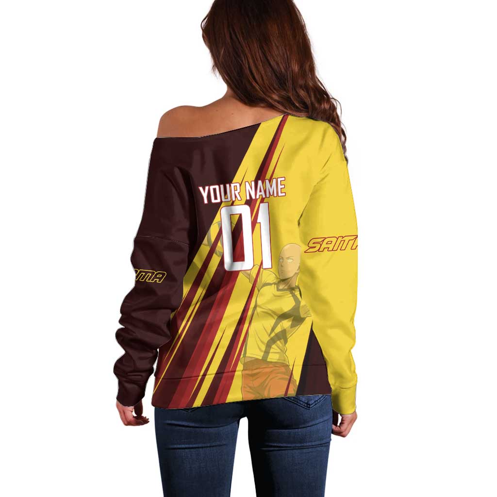 Personalized Saitama Volleyball Design Off Shoulder Sweater with Yellow and Red Athletic Theme and Powerful Spike Pose