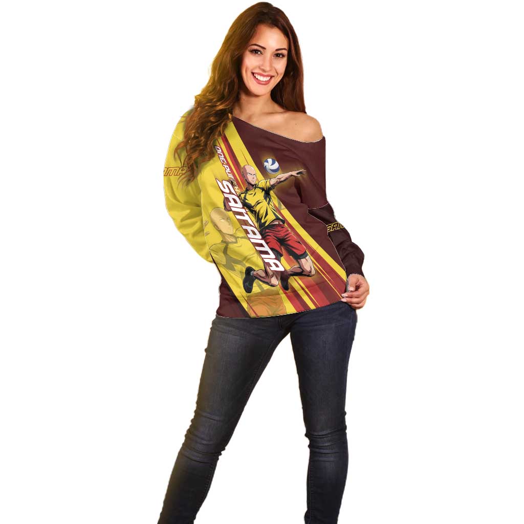 Personalized Saitama Volleyball Design Off Shoulder Sweater with Yellow and Red Athletic Theme and Powerful Spike Pose