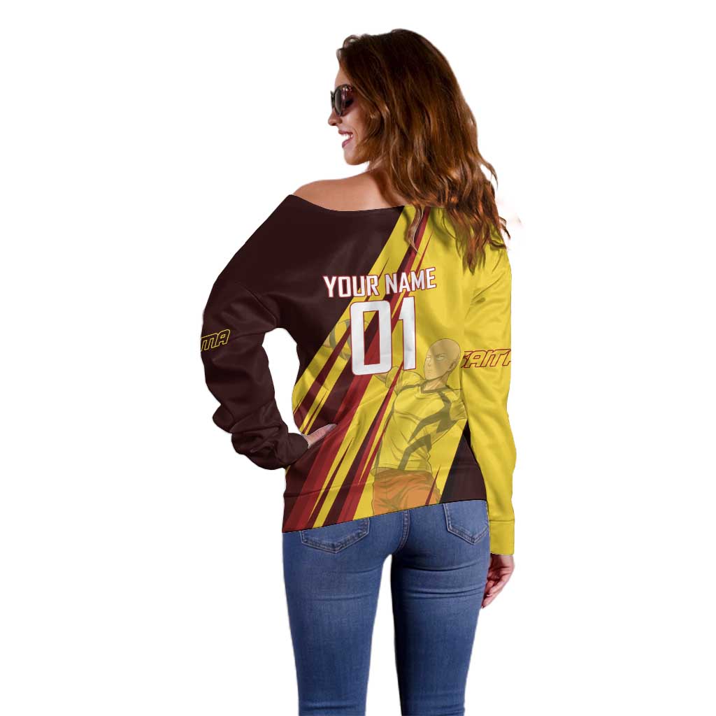 Personalized Saitama Volleyball Design Off Shoulder Sweater with Yellow and Red Athletic Theme and Powerful Spike Pose