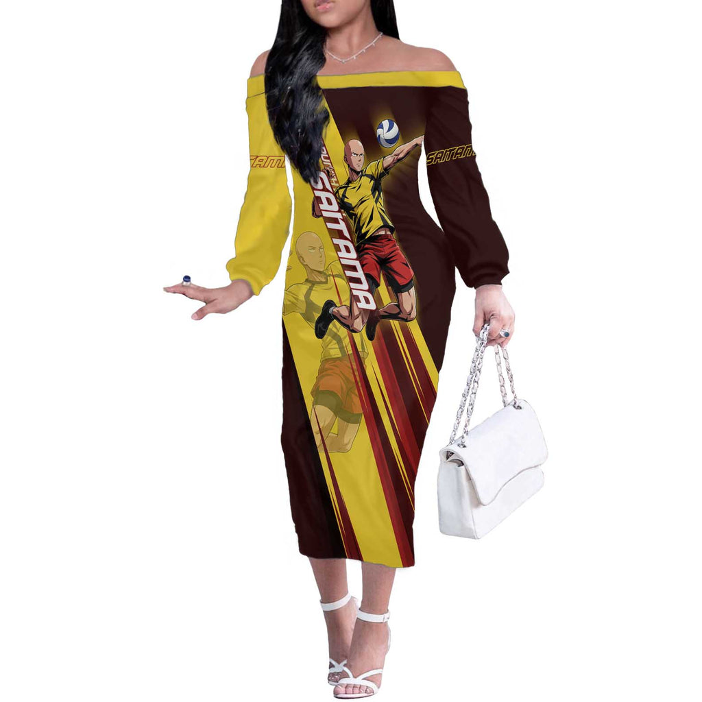 Personalized Saitama Volleyball Design Off The Shoulder Long Sleeve Dress with Yellow and Red Athletic Theme and Powerful Spike Pose